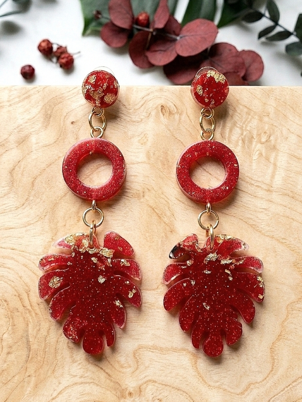 Ruby Red Sparkle Gold Flake Leaf Round Geometric Sexy Bold Fashion Earrings